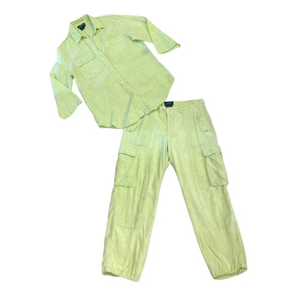 Lauren Ralph Lauren Linen Set M/8 Medium 8 Green Button Shirt Cargo Pants *READ - Picture 1 of 12